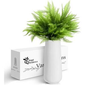 White Ceramic Vase w/ Artificial Fern Stems Set Modern Ribbed Home Decor